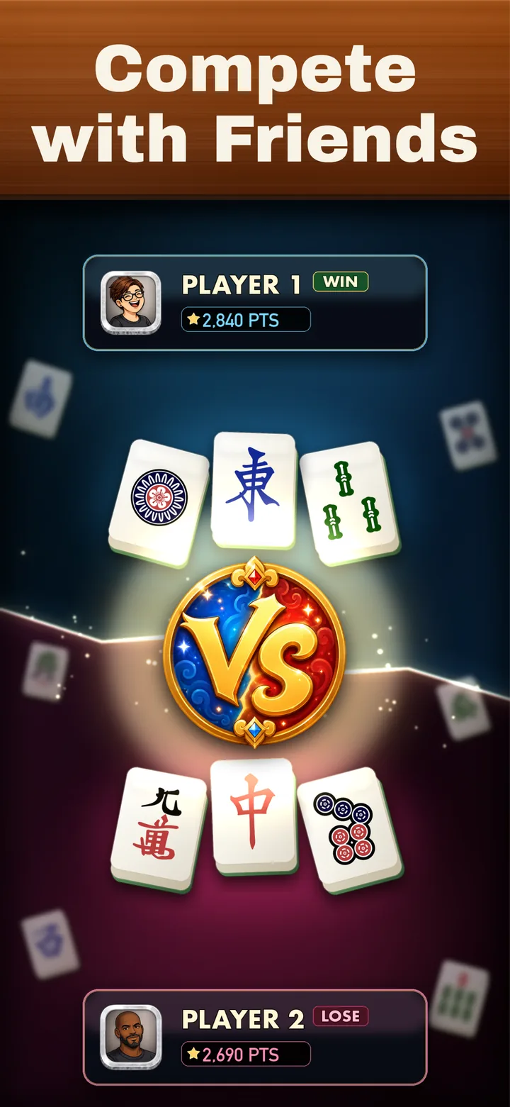 Mahjong Elite on iPhone: VS mode: two players and their scores around a duel board, under the heading “Compete with Friends”