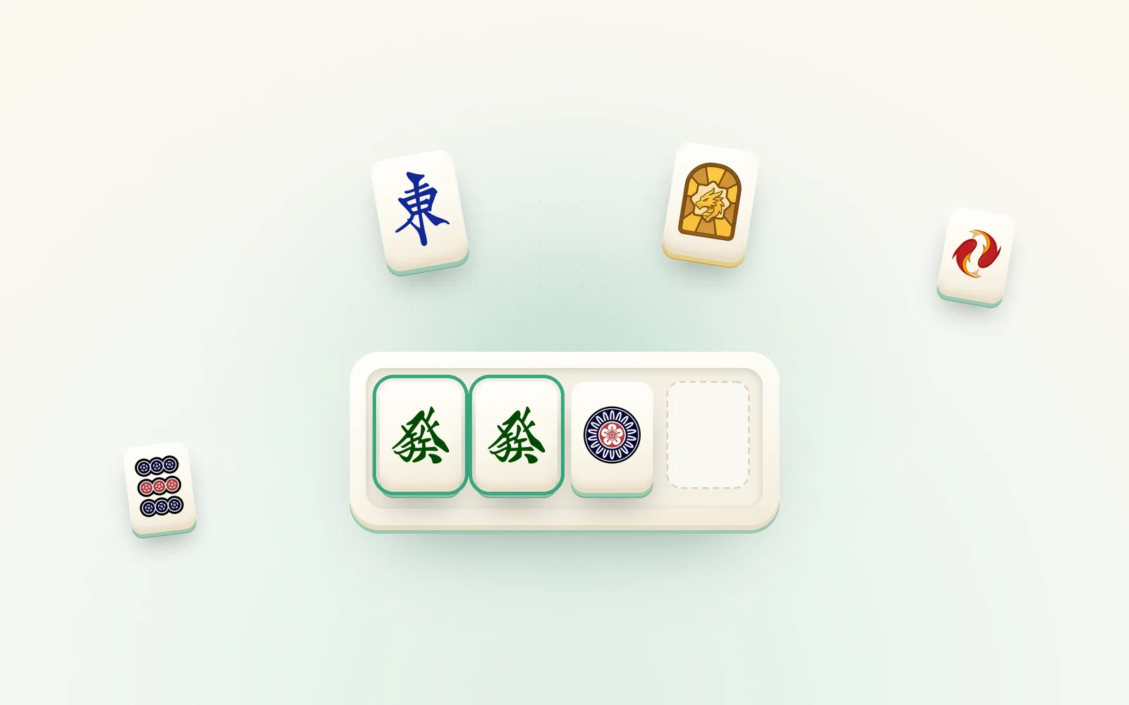Two mahjong tiles above a tile tray holding a matching pair