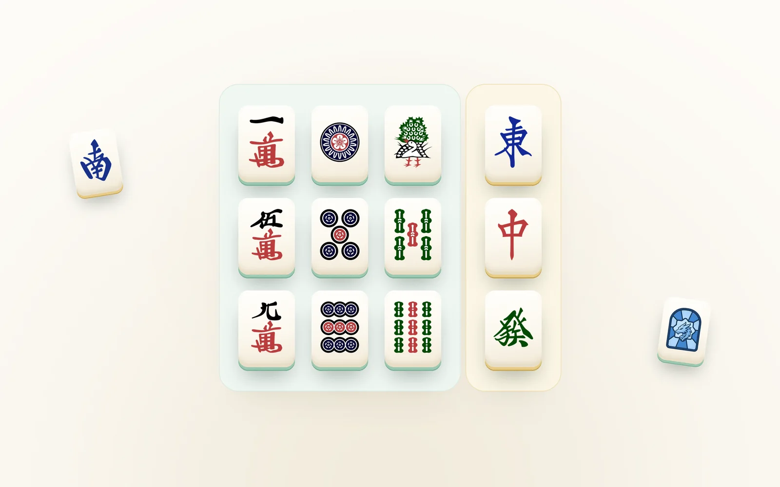 A grid of mahjong tiles showing characters, dots, bamboo, winds and dragons