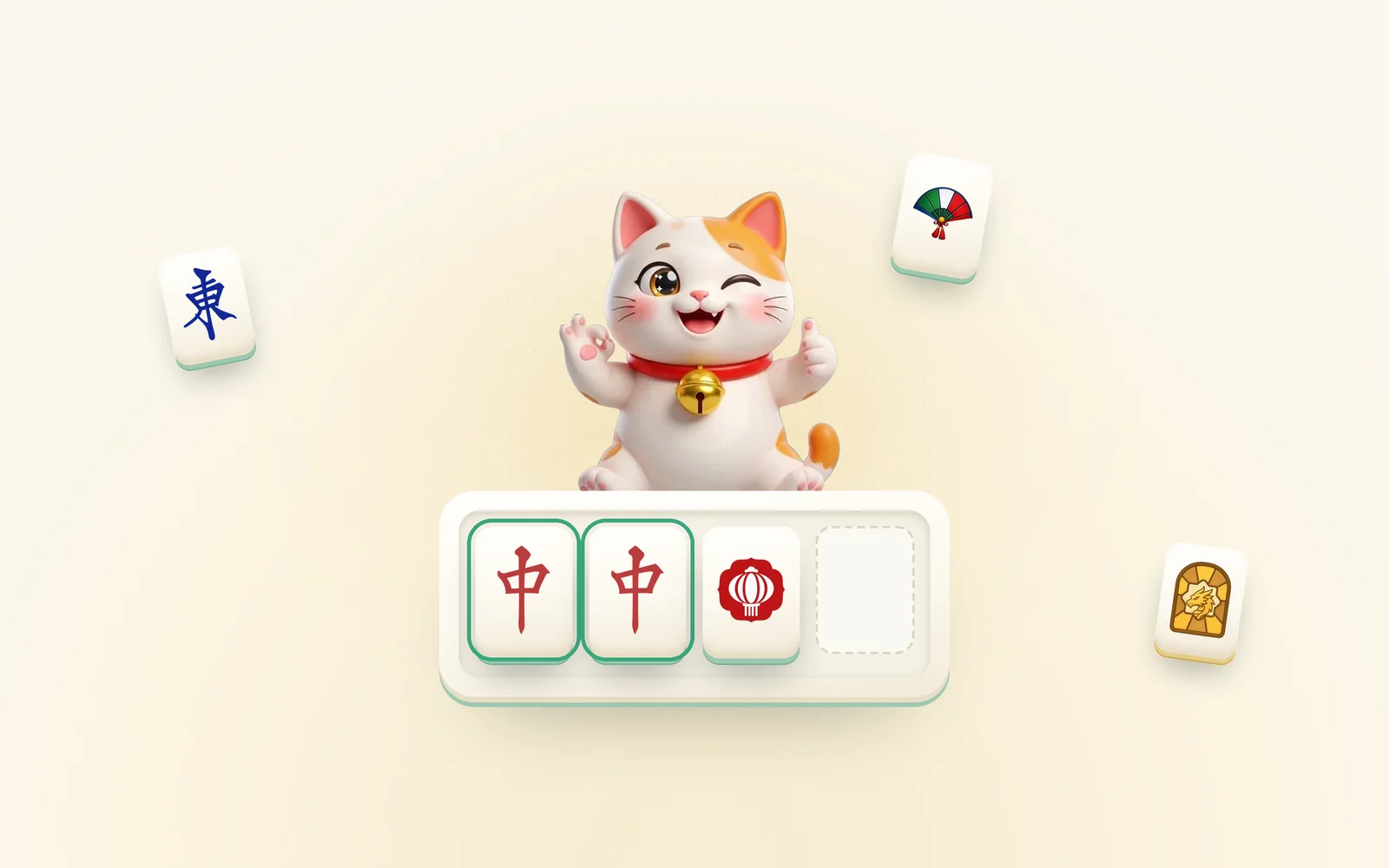 The calico cat winking above a tile tray with two matching red dragon tiles