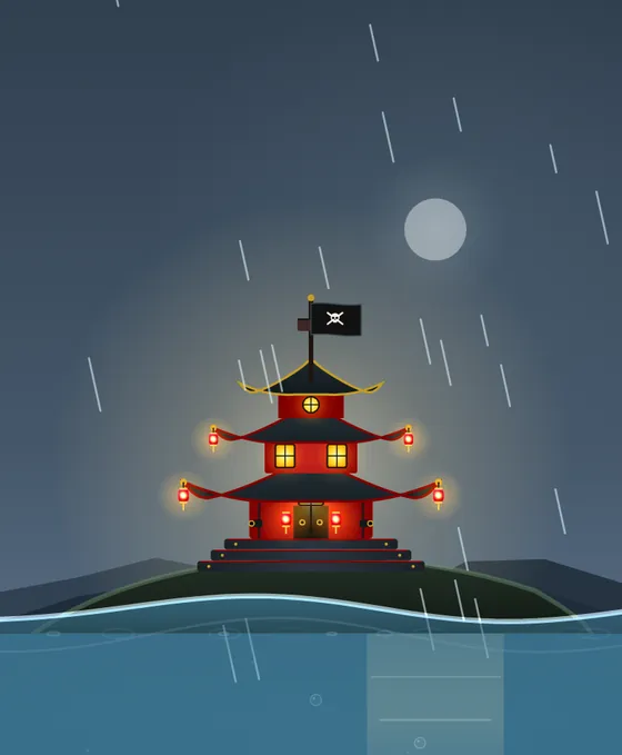 World 2, Pirate Sea: Storm clouds, a pirate fortress and sunken treasure.